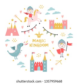 Magic kingdom. Dragon, castle, knight, rider, bow, arrows, crown. Elements for design. Vector illustration isolated on white background.