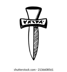 Magisches Messer mit Runen auf dem Griff. Handgezeichnete Daggerskizze. Mystisches Alchimiesymbol. Einzelne Vektorgrafik