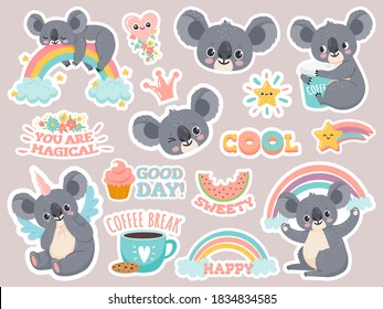 Magic Koala Stickers. Lazy Australian Koalas Sleeping On Rainbow. Patches With Cute Baby Animal Unicorns. Happy Fairytale Cartoon Vector Set. Illustration Koala Funny Face, Australia Sweet Baby