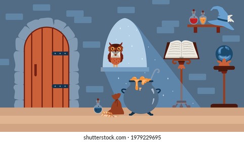 Magic laboratory wizard or witch. Mystery interior room with cauldron and bottles potions, witchcraft glass ball, hat, book with spells and owl holding letter. Vector illustration.