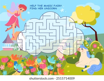 Magic labyrinth game for children. Entertaining puzzle for preschoolers. Maze for kids with fairy looking for unicorn in fields of blooming flowers. Activities for toddlers. Flat vector illustration