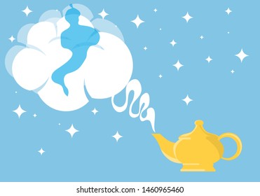 Magic lamp Aladdin with gin. Gin from the magic lamp. Vector illustration of a magical lamp.