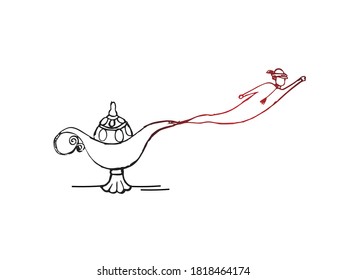 Magic lamp of Aladin, hand drawn sketch of genie coming out of lamp of wishes  on an isolated white background 