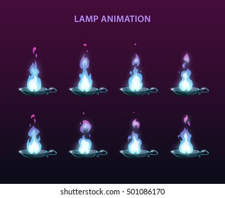 Magic lamp animation sprites. Blue fire frames for web or game design.