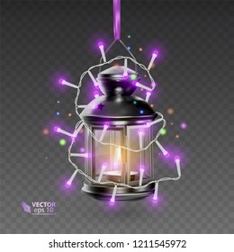 The Magic lamp of black color, surrounded by luminous garlands, realistic lamp on transparent background, vector illustration