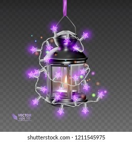 The Magic lamp of black color, surrounded by luminous garlands, realistic lamp on transparent background, vector illustration