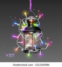The Magic lamp of black color, surrounded by luminous garlands, realistic lamp on transparent background, vector illustration