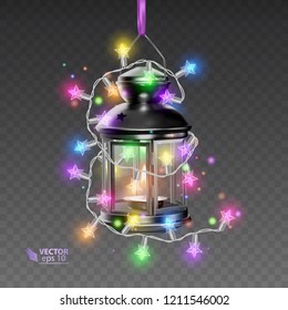 The Magic lamp of black color, surrounded by luminous garlands, realistic lamp on transparent background, vector illustration