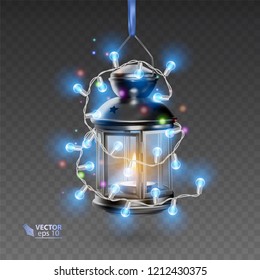 The Magic lamp of black color, surrounded by luminous garlands, realistic lamp on transparent background, vector illustration