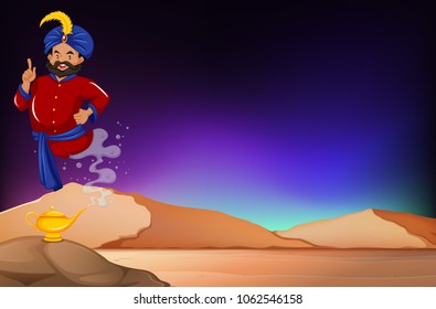 A Magic Lamp in Desert Scene illustration