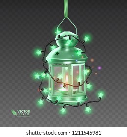 The Magic lamp of green color, surrounded by luminous garlands, realistic lamp on transparent background, vector illustration