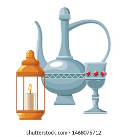 Magic lamp with luxury chalice and lantern with candle vector illustration graphic design