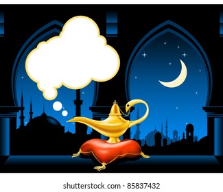 Magic lamp on the pillow and arabic city skyline