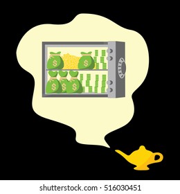 magic lamp with a opened safe with a lot of money illustration isolated in a black background 
