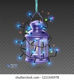 The Magic lamp of purple color, surrounded by luminous garlands, realistic lamp on transparent background, vector illustration