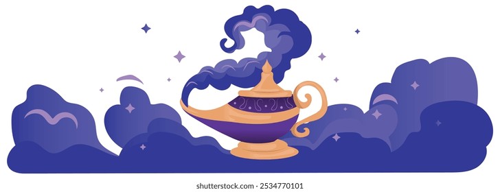 magic lamp with purple fog or smoke coming out, vector illustration on white background.