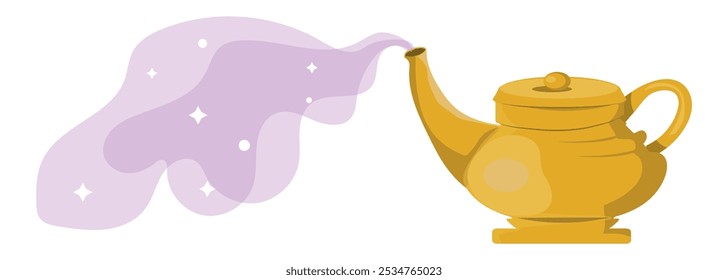 magic lamp with purple smoke coming out, vector illustration on white background.