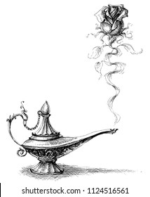 Magic lamp and rose. Love concept, original idea for a wedding invitation