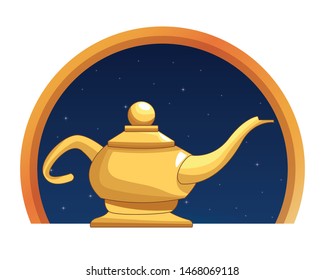 Magic lamp in round emblem background vector illustration graphic design