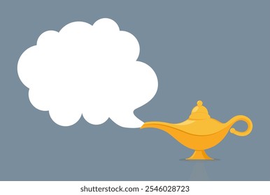 Lámpara mágica con nube de humo para texto sobre fondo azul. Ilustración de lámpara genio con espacio en blanco en la nube para deseos o mensajes