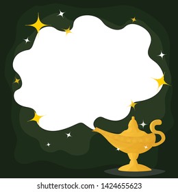 Magic Lamp. Vector genie magic aladdin lamp  and white smoke. Aladdin golden lantern with dark green background.vector