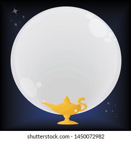 Magic Lamp. Vector genie magic aladin lamp with the moon in the night and all of star. A la din golden lantern with dark blue background.vector