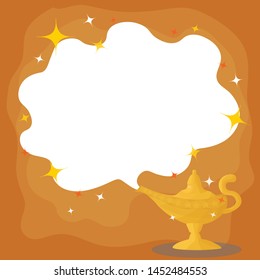 Magic Lamp. Vector genie magic Aladin lamp white smoke and star. Aladin golden lantern with Gold rich background.vector