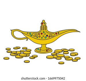 Magic lamp and wealth on a white background. Vector illustration.