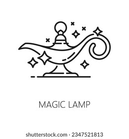 Magic lamp. Witchcraft and magic icon. Mystery, esoteric, astrology symbol. Sorcery or magic item linear vector pictogram, witchcraft object, jinn lamp outline icon or outline sign