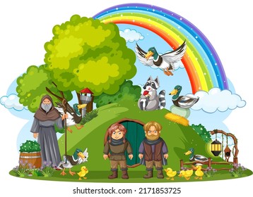 Magic land with medieval cartoon characters illustration svg