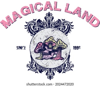 Magic Land Slogan Print with Hippie Style Mushrooms Background, 70's Groovy Themed Hand Drawn Abstract Graphic Tee Vector Sticker