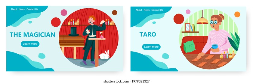 Magic landing page design, website banner vector template set. Fortune teller with tarot cards, magician show, tricks.