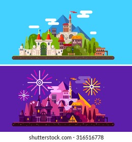 Paisagem mágica com antigo castelo medieval em montanhas. Dia e noite. Festival, carnaval, fogos de artifício, luzes. Ilustração plana vetorial