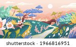 Magic landscape of fantasy world with imaginary plants. Panorama of fairy tale planet with whimsical trees and flowers. Fantastic dreamy scenery. Colored flat vector illustration of fairytale place