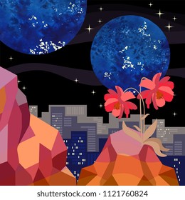 Magic landscape. Orange mountains and red cosmos flowers in the foreground and the night sky with stars and planets over a big city in the background in a vector. Wallpaper, poster, card.