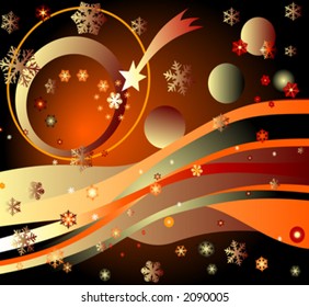 magic landscape with rainbow, stars and planets