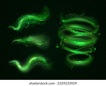 Magic leaf wind. Flying leaves natural effect with magical green glow energy, spiral flow swirl of fresh tea or mint leafs, herbal plant forest vortex 3d exact vector illustration of effect leaf magic