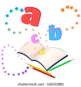 Magia del aprendizaje/Libro abierto con estrellas de colores y letras que estallan fuera de él