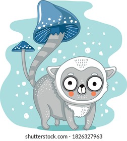 Magic Lemur Blue Mushroom Vector Illustration