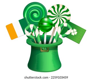 The magic leprechaun hat is a traditional piece of clothing filled with sweet caramel candies, with the flags of Ireland and the St. Patrick's Day festival flag