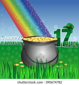 Magic leprechaun pot of gold at the base of the rainbow. Cauldron full of gold coins on the lawn in the green grass. March 17. leprechaun hat. Happy St. Patrick's Day. Vector greeting card