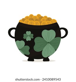 Magic leprechaun pot of gold on isolated background. St. Patrick's Day theme, cute green leaf clover. For seasonal design, postcards, posters.