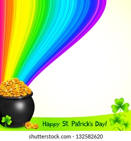 Magic leprechauns pot with gold and clovers under the rainbow. Vector illustration for Saint Patrick's Day.