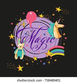 Magic lettering circle template with unicorn, air balloon, stars and toy rabbit. Unicorn and rabbit in flat design. Vector. Funny cartoon elements with lettering on dark background.