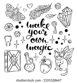 MAGIC LETTERING ILLUSTRATION Mystic Symbols Of Witchcraft Cartoon Holiday Halloween Monochrome Sketch Hand Drawn Text Flat Design Vector Illustration Set