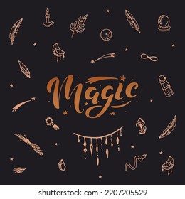 Magic letters, magical background for witches and wizards.  pagan tradition. Vector vintage collection. Hand-drawn objects: candles, feathers, potion, magic ball, etc. Vector illustration. Lettering.