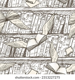 Ilustración vectorial de la biblioteca mágica. Libros con alas, libros voladores.