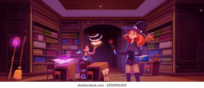 Magisches Archiv mit Zauberer- und Hexenstudenten, fliegenden Leuchtbüchern und Zauberstäben, Bücherregalen und Holzschreibtischen. Cartoon-Vektorillustration von Fantasy-Märchen oder Spiel Mystery Education Room Interieur.