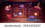 Magic library. Wizards school cartoon interior bookstore bookcase with old magical books alchemy book bookshelf, witch secret room bookcases classroom swanky vector illustration