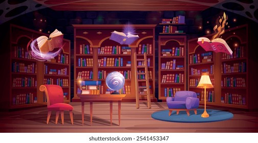 Biblioteca mágica. Estantería interior de la librería de la historieta de la escuela de los magos con los libros mágicos viejos estantería del libro de la alquimia, sala secreta de la bruja estanterías Ilustración vectorial elegante del aula